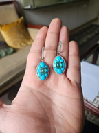 18k White Gold Diamond Dangle Earrings - Natural Emerald & Turquoise Gemstone Earrings