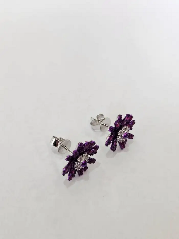 Natural Mozambique Ruby & Diamonds Stud Earrings - 18k Gold Purple Rhodium Tiny Stud Earrings
