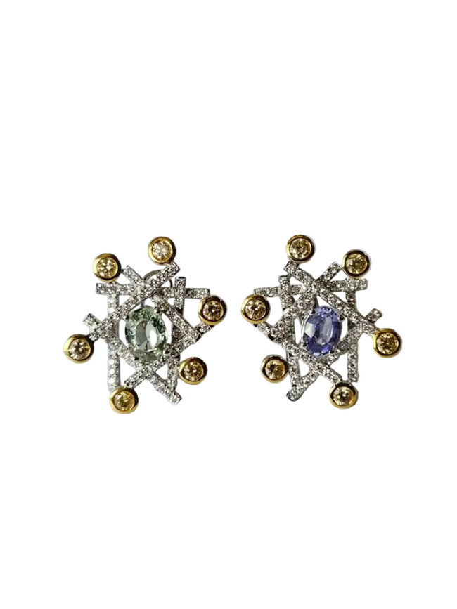 18k White Gold Handmade Stud Earrings With Yellow Diamonds - Natural Blue & Green Sapphire Stud Earrings Hover Image