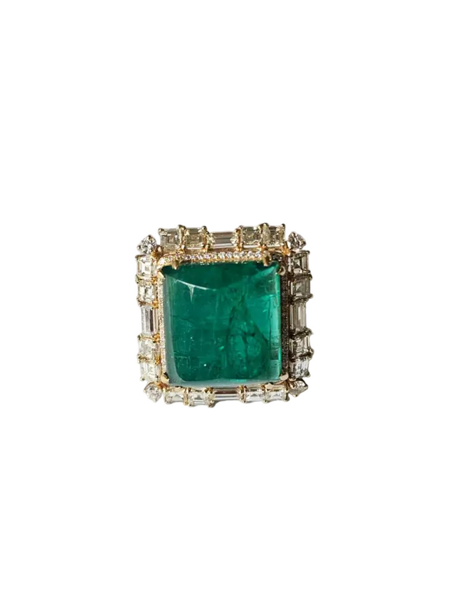 Natural 25.21 Ct. Zambian Emerald Statement Ring - 18k Yellow Gold Wedding Ring With Yellow Diamonds Hover Image