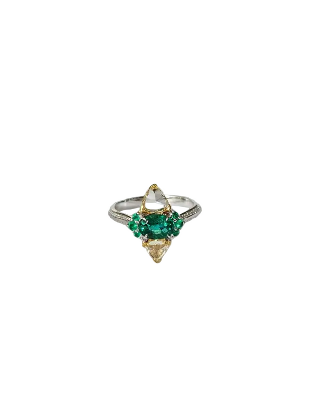 Natural Zambian Emerald Engagement Ring - 18k White Gold & Yellow Diamond Ring Hover Image