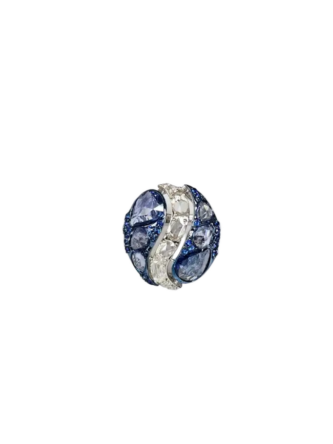 Natural Blue Sapphire Statement Ring - 18k White Gold & Rose Cut Diamond Cocktail Ring Hover Image