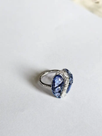 Natural Blue Sapphire Statement Ring - 18k White Gold & Rose Cut Diamond Cocktail Ring