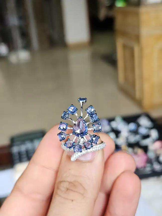 Natural Blue Sapphire & Diamond Cocktail Ring - 18k White Gold Handmade Ring Main Image