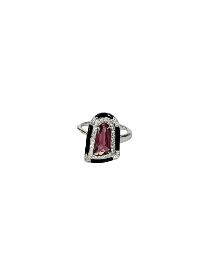 Natural Tourmaline & Black Enamel Ring - 18k White Gold Diamond Cocktail Ring Hover Image