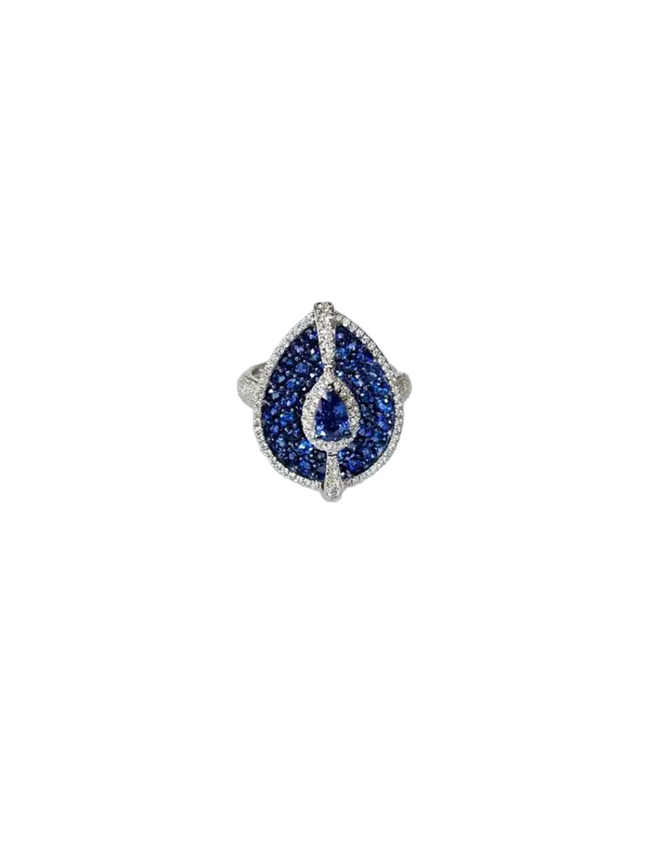 18k White Gold Diamond Handmade Ring - Natural Blue Sapphire Cocktail Ring Hover Image