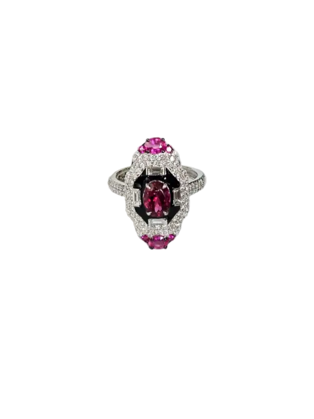 18k White Gold Diamond Ring - Natural Tourmaline & Black Enamel Ring Hover Image