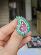 Natural Emerald & Pink Sapphire  Statement Ring - 18k White Gold Diamond Handmade Ring