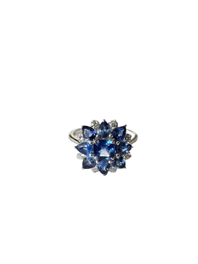 Natural Blue Sapphire Diamond Cocktail Ring - 18k White Gold Handmade Ring Hover Image