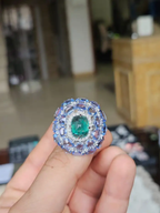 18k White Gold Diamond Statement Ring - Natural Zambian Emerald & Blue Sapphire Cocktail Ring