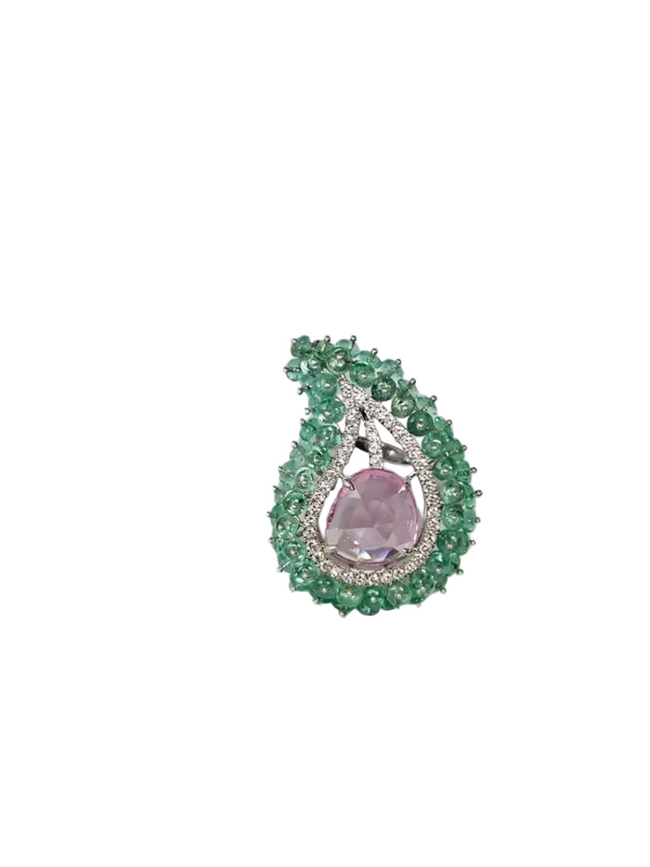 Natural Emerald & Pink Sapphire  Statement Ring - 18k White Gold Diamond Handmade Ring Hover Image