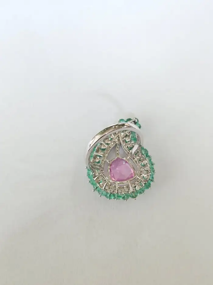 Natural Emerald & Pink Sapphire  Statement Ring - 18k White Gold Diamond Handmade Ring