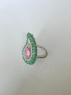Natural Emerald & Pink Sapphire  Statement Ring - 18k White Gold Diamond Handmade Ring