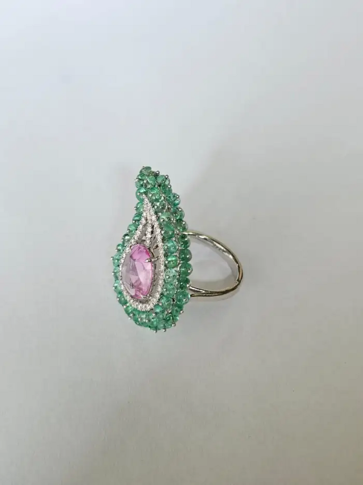 Natural Emerald & Pink Sapphire  Statement Ring - 18k White Gold Diamond Handmade Ring