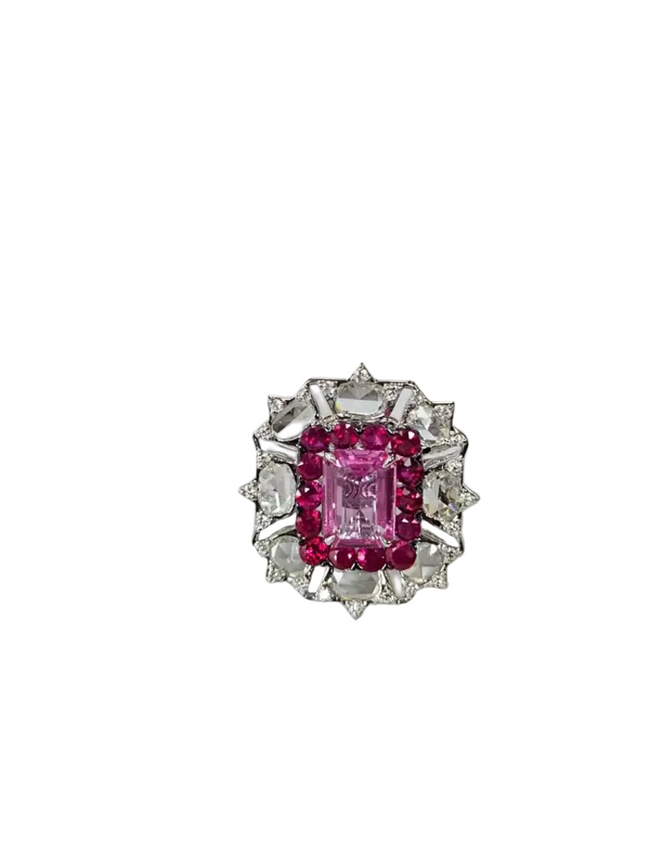 18k White Gold Rose Cut Diamond Cocktail Ring - Natural Ruby & Pink Sapphire Wedding Ring Hover Image
