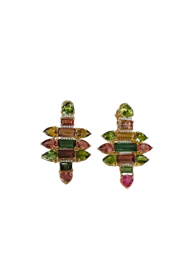 18k Yellow Gold Diamond Earrings - Natural Tourmaline Gemstone Chandelier Earrings Hover Image