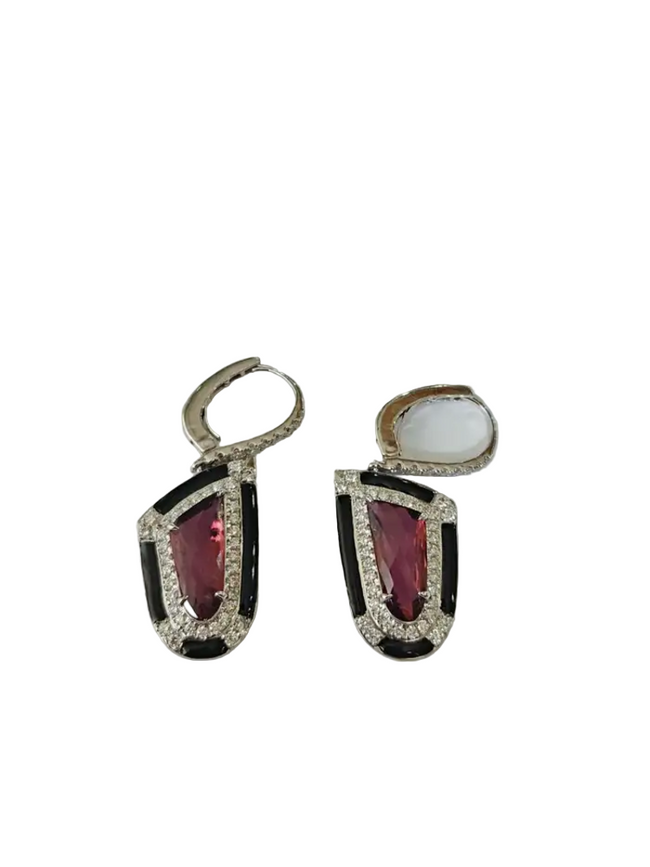 Natural Tourmaline & Black Enamel Earrings - 18k White Gold Diamond Dangle Earrings Hover Image