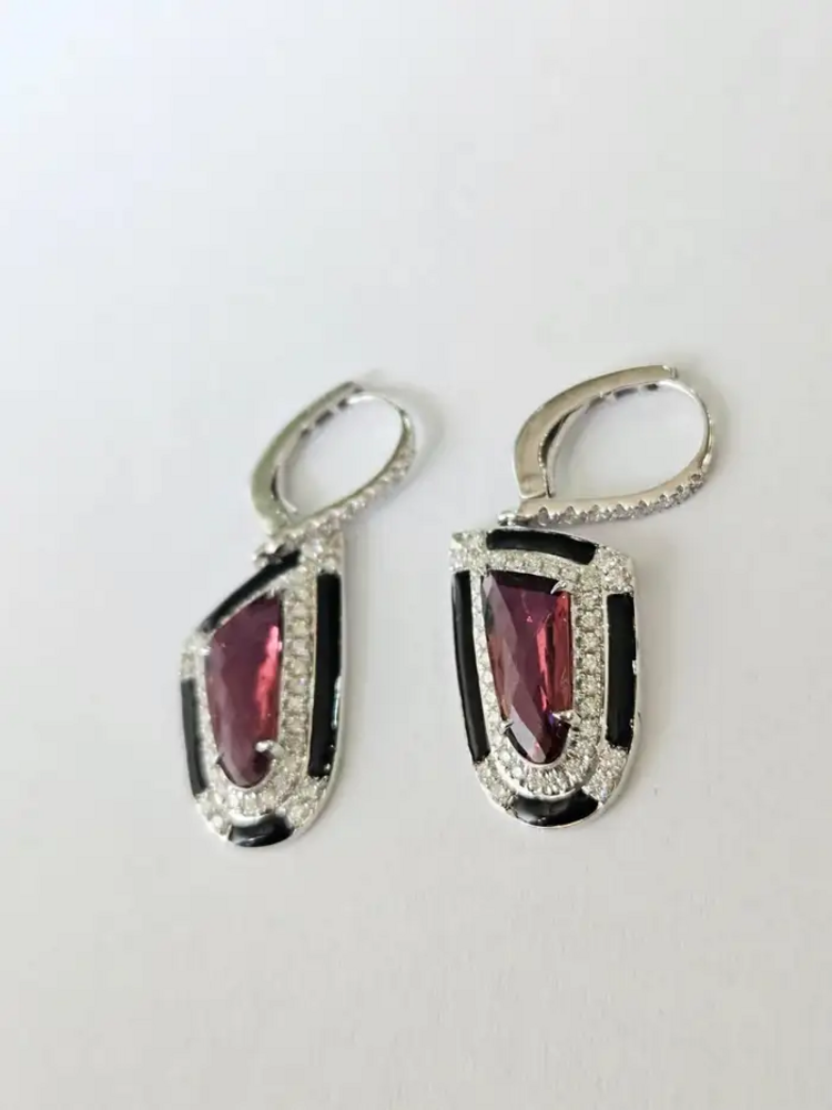 Natural Tourmaline & Black Enamel Earrings - 18k White Gold Diamond Dangle Earrings
