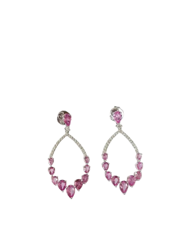Natural Pink Sapphire Dangle Earrings - 18k White Gold Handmade Diamond Women Earrings Hover Image