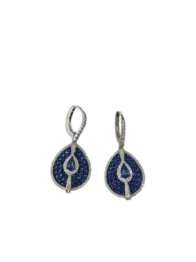 Natural Blue Sapphire & Diamond Earrings - 18k White Gold Handmade Dangle Earrings Hover Image