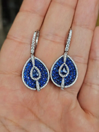 Natural Blue Sapphire & Diamond Earrings - 18k White Gold Handmade Dangle Earrings