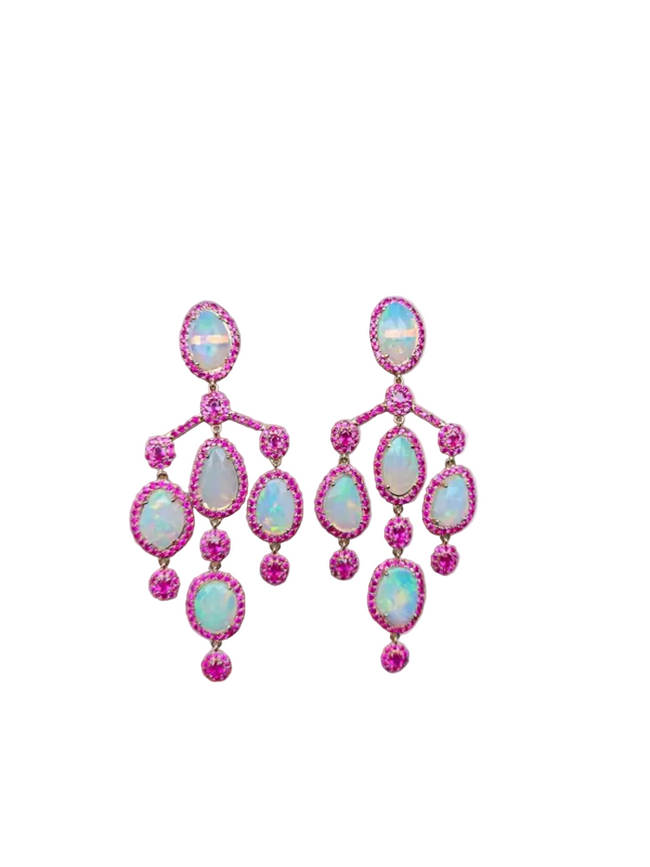 Ethiopian Opal & Mozambique Ruby Chandelier Earrings - 18k Gold Diamond Dangle Earrings Hover Image