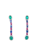 Natural Colombian Emerald & Carved Ruby Gemstone Dangle Earrings - 18k White Gold Diamond Earrings
