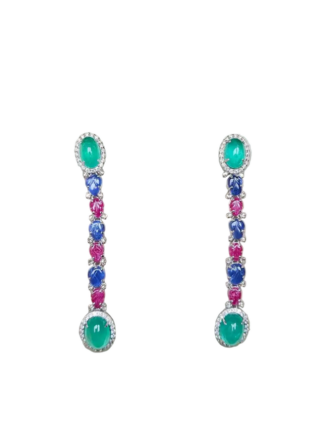 Natural Colombian Emerald & Carved Ruby Gemstone Dangle Earrings - 18k White Gold Diamond Earrings Hover Image