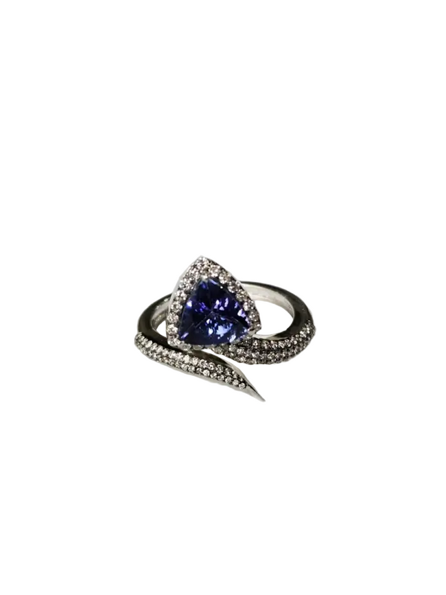 1.58 Ct. Trillion Shape Tanzanite Wrap Ring - 18k White Gold Diamond Handmade Ring Hover Image