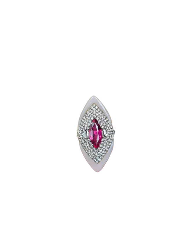 18k White Gold Diamond Handmade Ring - Natural Rubellite & Pink Opal Statement Ring Hover Image