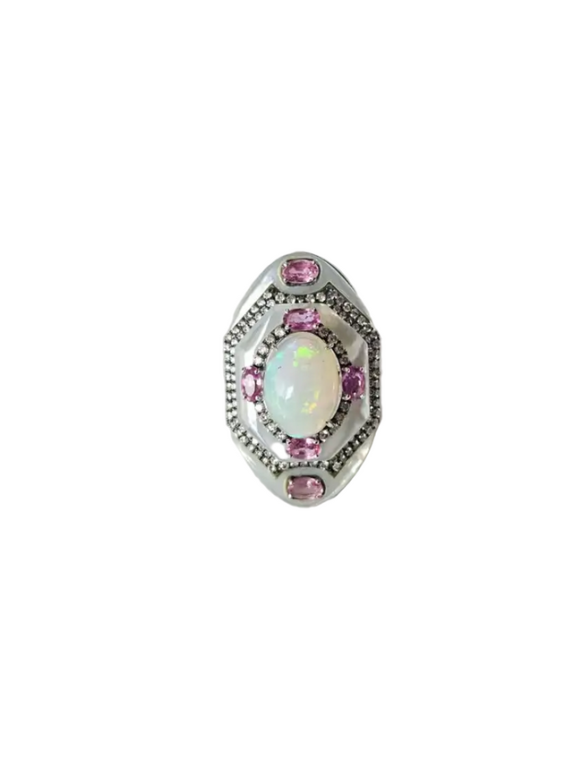 Ethiopian Opal, Mother Of Pearl & Pink Sapphire Cocktail Ring - 18k White Gold Diamond Statement Ring Hover Image