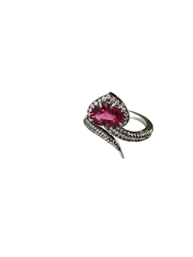 18k White Gold Diamond Ring - Natural Rubellite Gemstone Engagement Ring Hover Image