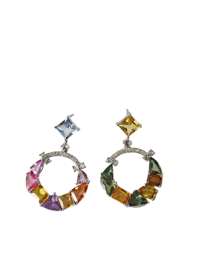 18k White Gold Diamond Earrings - Natural Ceylon Multi Sapphire Dangle Earrings Hover Image