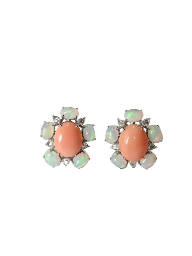 18k White Gold Rose Cut Diamond Stud Earrings - Natural Ethiopian Opal & Coral Earrings Hover Image