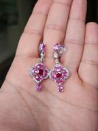 Ceylon Pink Sapphire & Ruby Gemstone Earrings - 18k White Gold & Rose Cut Diamond Dangle Earrings