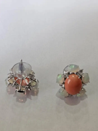 18k White Gold Rose Cut Diamond Stud Earrings - Natural Ethiopian Opal & Coral Earrings
