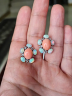 18k White Gold Rose Cut Diamond Stud Earrings - Natural Ethiopian Opal & Coral Earrings