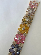 18k Yellow Gold Floral Bracelet - Natural Multi Sapphire & Rose Cut Diamond Modern Bracelet