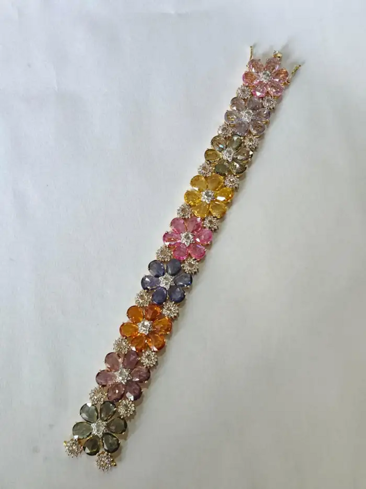 18k Yellow Gold Floral Bracelet - Natural Multi Sapphire & Rose Cut Diamond Modern Bracelet