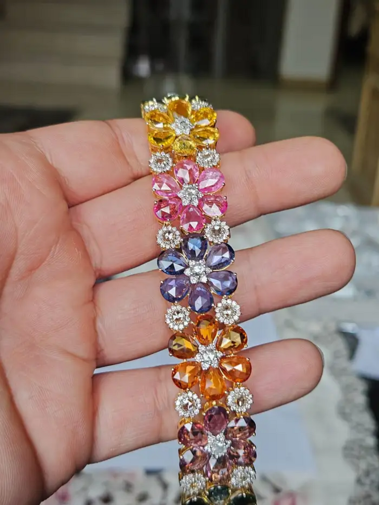18k Yellow Gold Floral Bracelet - Natural Multi Sapphire & Rose Cut Diamond Modern Bracelet