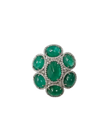 18k White Gold Diamond Statement Ring - Natural Cabochon Emerald Gemstone Ring