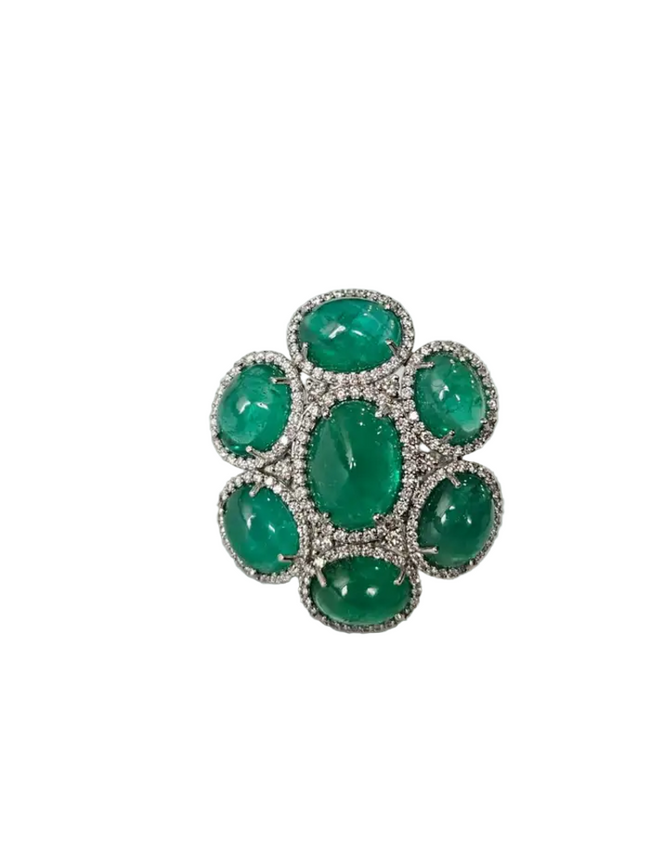 18k White Gold Diamond Statement Ring - Natural Cabochon Emerald Gemstone Ring Hover Image