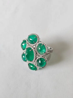 18k White Gold Diamond Statement Ring - Natural Cabochon Emerald Gemstone Ring
