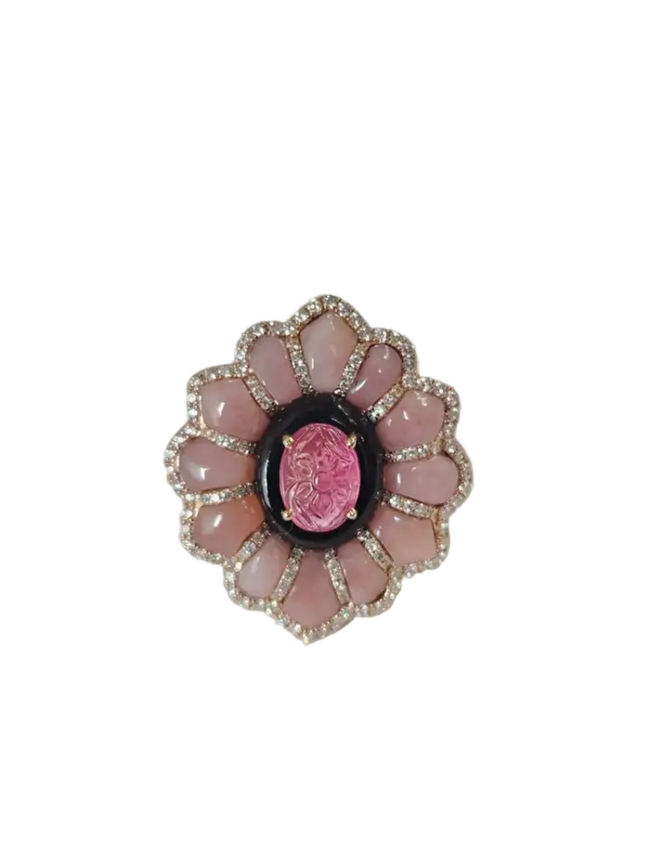 18k Yellow Gold Diamond Ring - Natural Tourmaline, Pink Opal & Black Onyx Cocktail Ring Hover Image