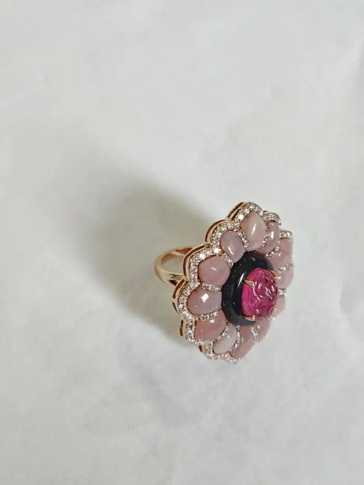 18k Yellow Gold Diamond Ring - Natural Tourmaline, Pink Opal & Black Onyx Cocktail Ring