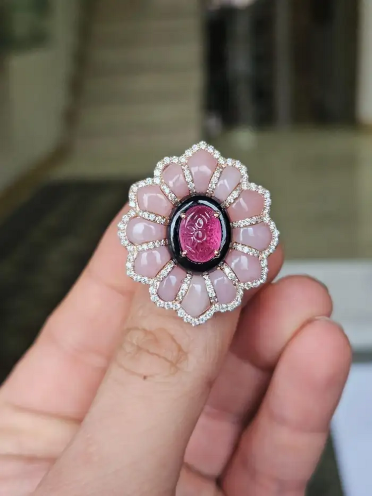 18k Yellow Gold Diamond Ring - Natural Tourmaline, Pink Opal & Black Onyx Cocktail Ring