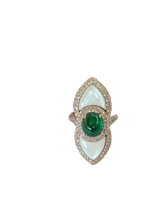 Natural Zambian Emerald & Mother Of Pearl Ring - 18k Yellow Gold Diamond Statement Ring Hover Image