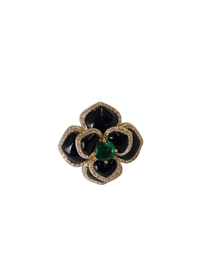 18k Yellow Gold Diamond Cocktail Ring - Natural Zambian Emerald Floral Ring Hover Image