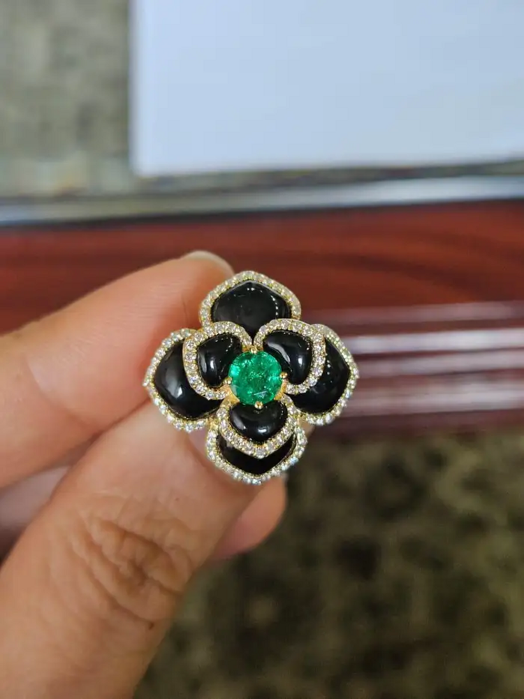 18k Yellow Gold Diamond Cocktail Ring - Natural Zambian Emerald Floral Ring