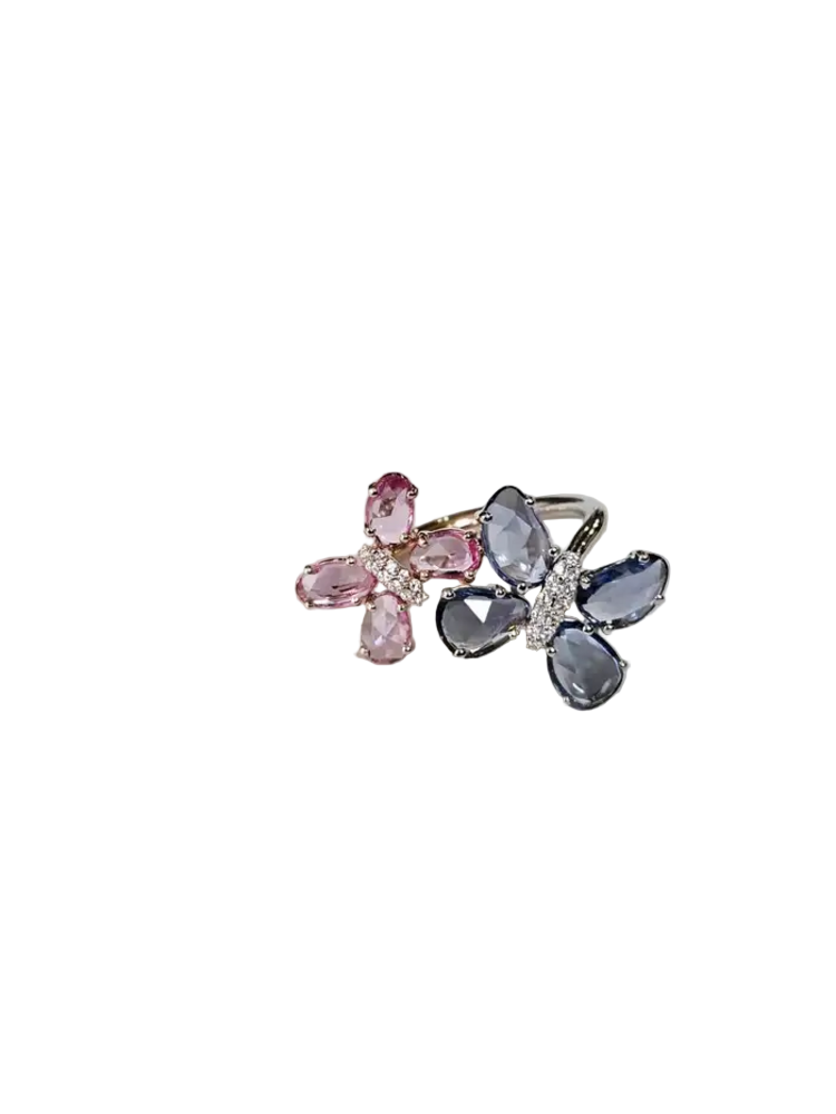 18k Gold Diamond Engagement Ring - Natural Ceylon Pink & Blue Sapphire Stackable Ring
